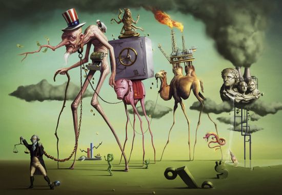 Copie en miniature de peinture de Salvador Dali, caricature du systme capitaliste.