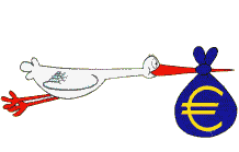 illustration avec cigogne portant sac bleu marqué euro