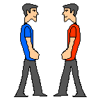 illustration par personnages, maillot bleu ou rouge, se frappant à coup de poing