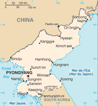 carte simplifié de la Corée du Nord avec principales villes