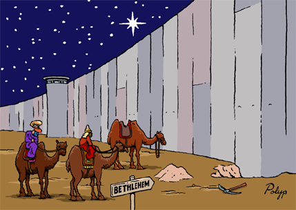 illustration avec rois mages creusant un passage sous mur vers Bethlehem