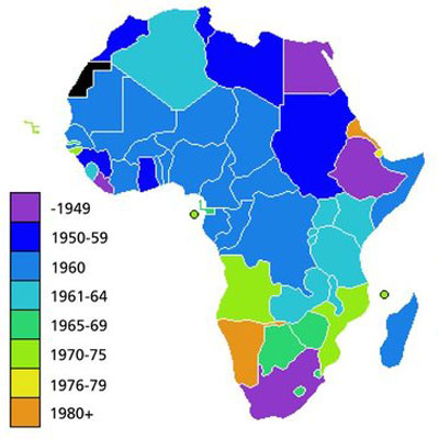 carte d'Afrique et frontires tatiques, colore par dates d'indpendance