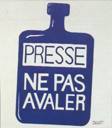 illustration par flacon bleu d'encre, marqu : presse, ne pas avaler !