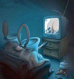 illustration avec dessin humoristique de WC anthropomorphes devant TV