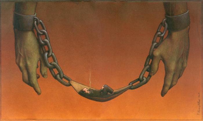 illustration par ploutocrate vautr dans hamac suspendu  des chanes d'esclave