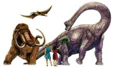 illustration par deux femmes aux pieds de mammouth et dinosaures