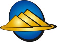 illustration avec trois monts pyramidaux, couleur or sur ovale bleu