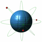 figuration d'un atome, noyau bleu tournant et jeu d'électrons