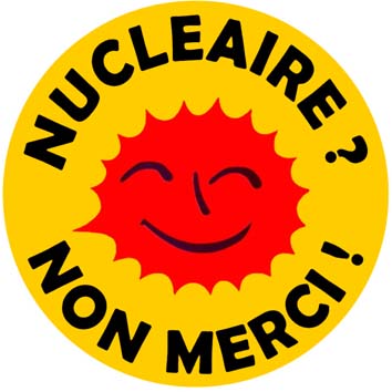illustration avec macaron jaune et soleil, mentionnant rejet du nucléaire