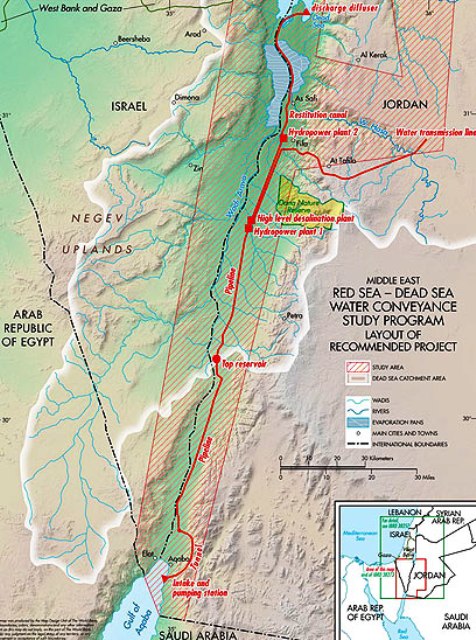 tracé sur carte du projet de canal Mer Rouge - Mer Morte, entre Israël et Jordanie
