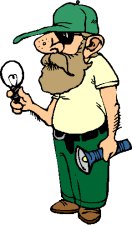 illustration par personnage barbu, tenant ampoule et torche en main