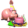 illustration par cochon affublé d'un bonnet de fête, léchant gâteau rose