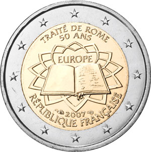 pièce de 2 euros, face nationale Fr, pour saluer 50 ans du traité de Rome