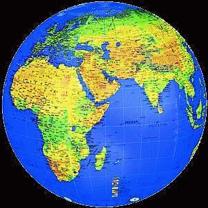 globe terrestre en couleurs, face Eurasie et Afrique