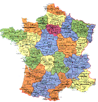 Carte de France avec divisions régionales, colorées, et départements