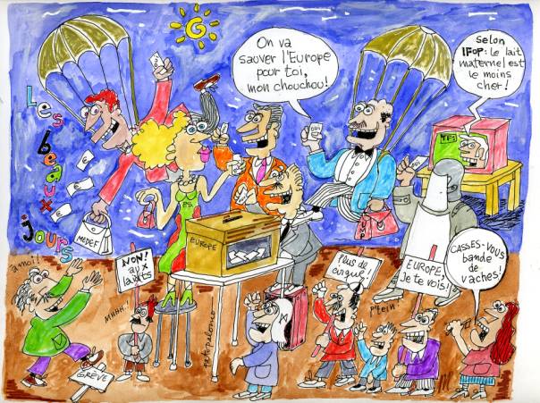 dessin d'humour de Patapalomo, multiples personnages, fonds bleu et brun