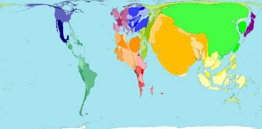 planisphère multicolore divisant le monde par zones d'attraction économique