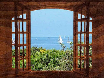 illustration par fenêtre avec vue sur mer et voiliers