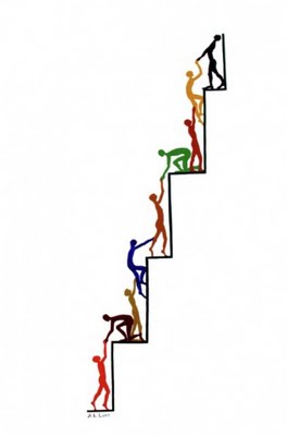 illustration avec silhouettes s'entraidant pour monter escalier