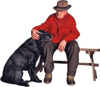 image de vieillard en veste rouge sur banc, caressant son chien noir