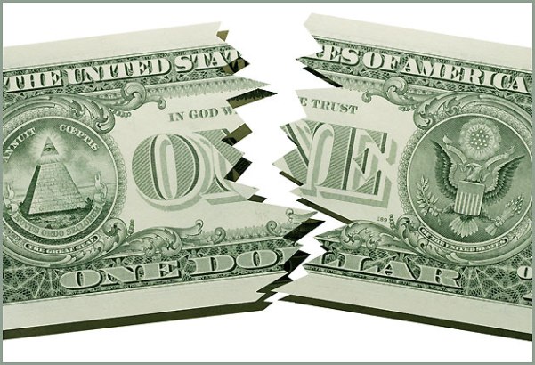 illustration avec billet d'un dollar US, déchiré en deux