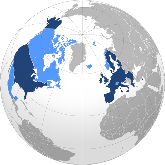 globe terrestre indiquant en bleu les zones de libre-échange transatlantique, TAFTA
