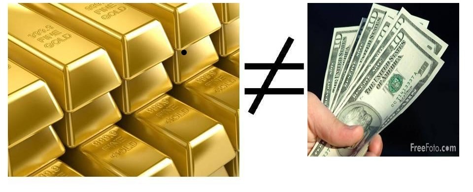 montage image justaposant lingots d'or et poignée de dollars en billets