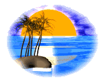 illustration avec ilot de palmiers sur flots miroitants