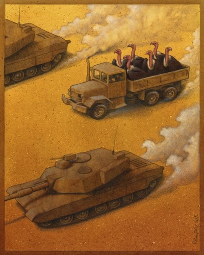 illustration avec chars et camion chargé de vautours