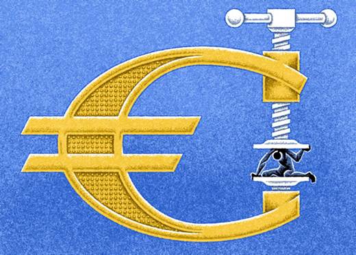 Symbole d'oppression pour raison financire, un euro dor en serre-joints pressant silhouette.