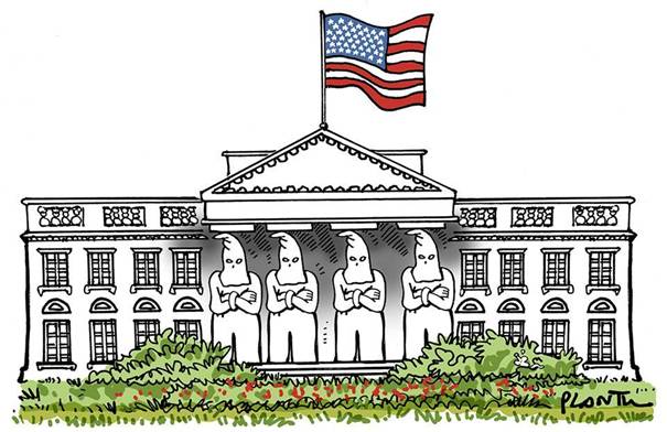 dessin facade Maison Blanche USA avec silhouettes du Ku Klux Klan en colonnes devant.