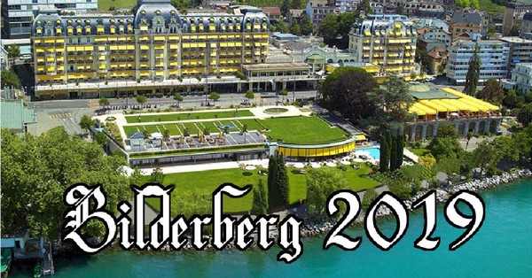 photo d'un htel au ton jaune, lgende : Bilderberg 2019.