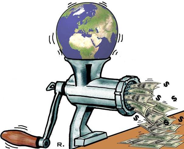 image d'un globe terrestre passant  la moulinette pour mettre un flot de dollars.