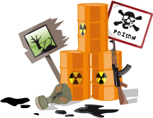 Image antinucléaire montrant symboles de dégradation de l'environnement dont fûts de déchets radioactifs.