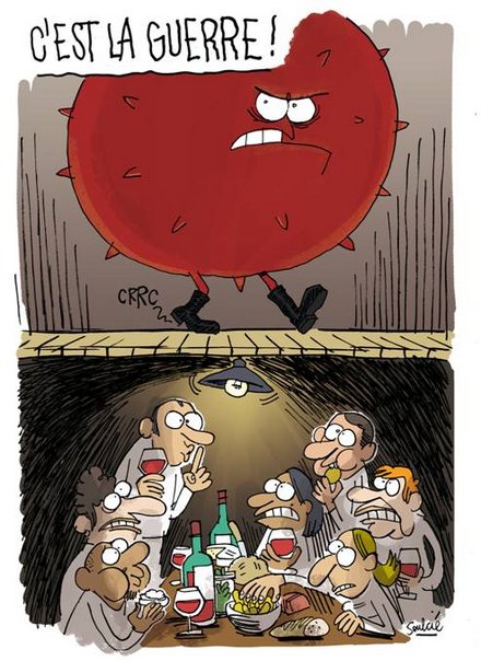 Dessin humoristique caricaturant virus SARS-COV-2 conquérant et des humains mangeant, réfugiés au sous-sol.