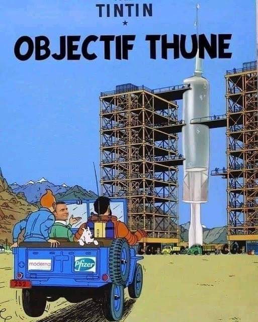 Montage d'image humoristique, parodiant les aventures de Tintin, avec Macron faisant la promo d'une seringue pour l'objectif -Thune-.