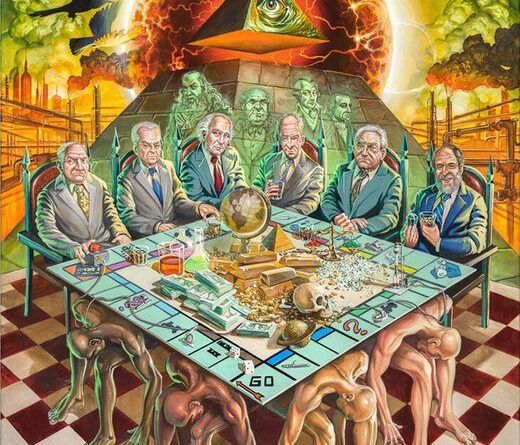 Image symbole de l'oligarchie financière planétaire, autour d'un monopoly tenu par des esclaves...