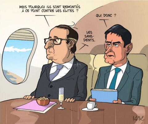 Dessin humoristique de François Hollande et Manuel Valls à bord d'un avion, s'étonnant du rejet des élites par les Sans-dents...