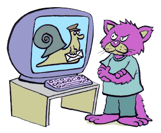 Image animée d'un chat rose s'impatientant d'un lent traitement informatique, symbolisé par un escargot sur écran.