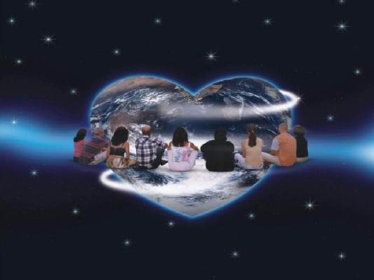 Image composée d'une ronde d'humains assis autour d'une planète en forme de coeur.