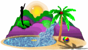 Image animée de vacancier plongeant dans une piscine sous les tropiques.