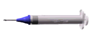 Image animée de seringue pivotante, un bout bleu.