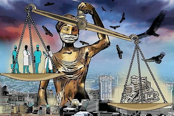 Image symbolique de la Justice tenant balance qui penche en faveur de la Finance.