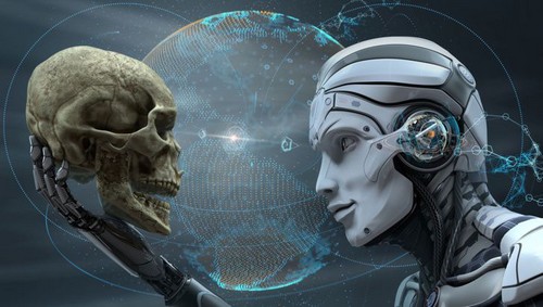Image symbolique d'un crâne humain, scruté par un robot.