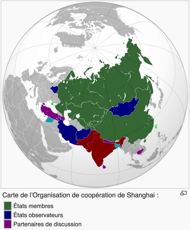 Carte sur globe des états membres de Organisation de coopération de Shanghai.