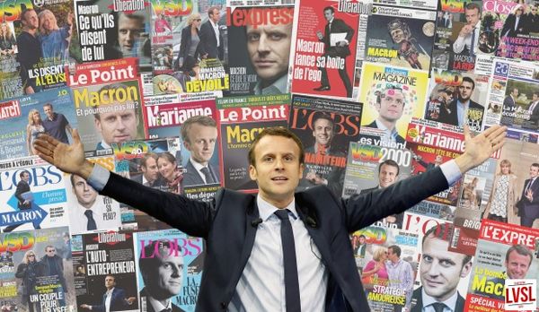 Image composée de Emmanuel Macron sur fond de couvertures de magazines mainstream...