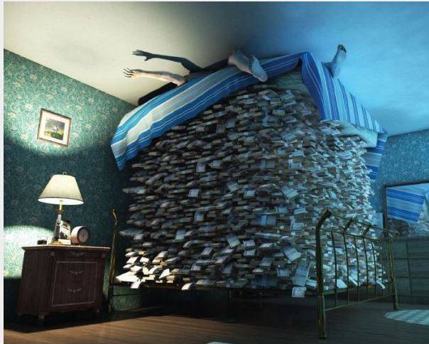 Image satirique d-un individu couché sur énorme matelas de billets de banque.