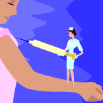 Image animée montrant infirmière manipulant seringue sur un bras.