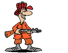 Image animée de chasseur orange pointant fusil.