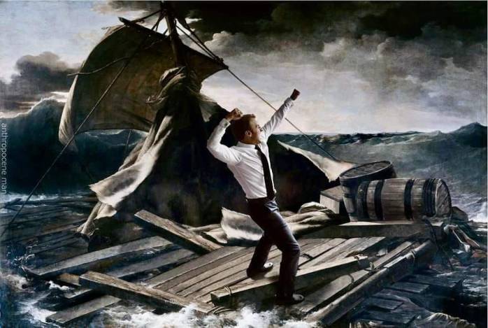Image humoristique de E. Macron vantard sur un radeau de naufragé.